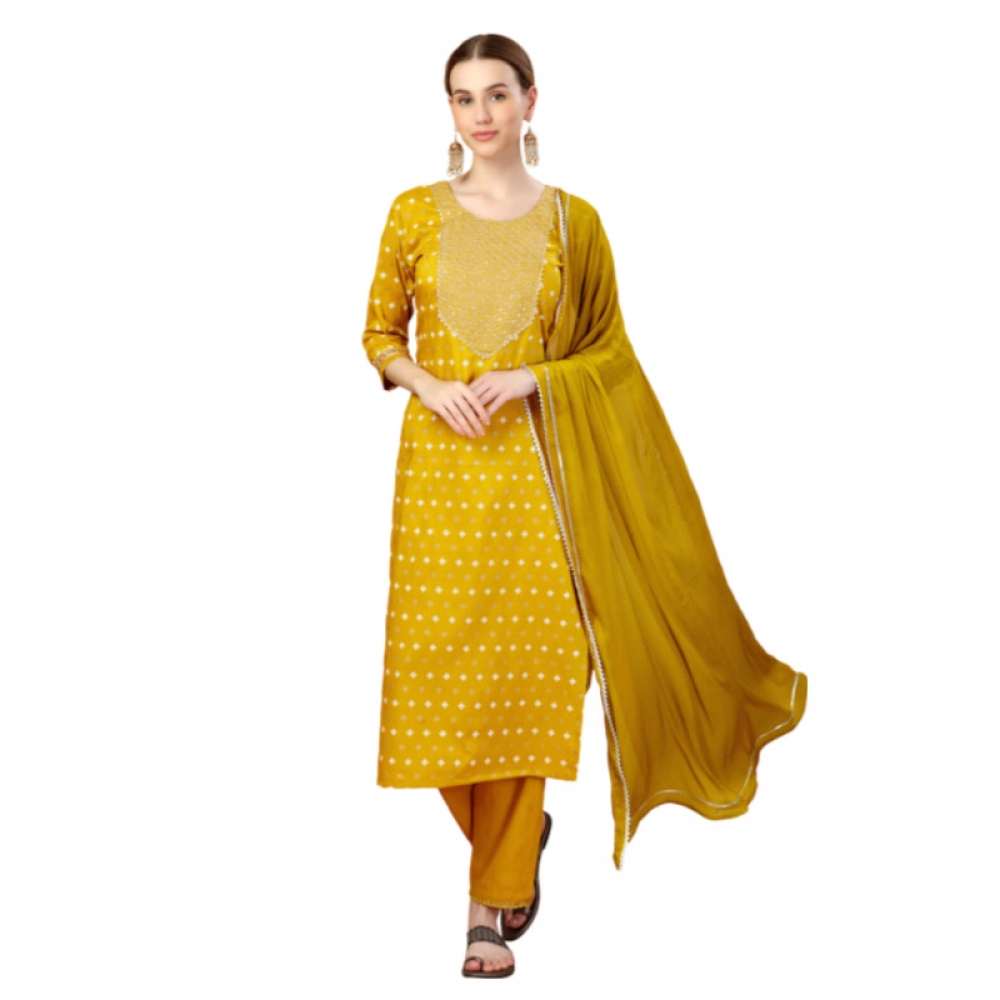 Women's Casual 3-4 th Sleeve Embroidery Silk Blend Kurti Pant Dupatta Set (Golden)