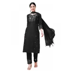 Women's Casual 3-4 th Sleeve Embroidery Cotton Kurti Pant Dupatta Set (Black)