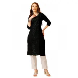 Women's Casual 3-4 th Sleeve Embroidery Cotton Kurti Pant Set (Black)