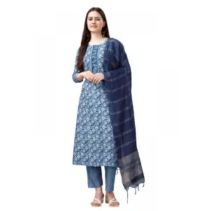 Women's Casual 3-4 th Sleeve Embroidery Rayon Kurti Pant Dupatta Set (Light Blue)