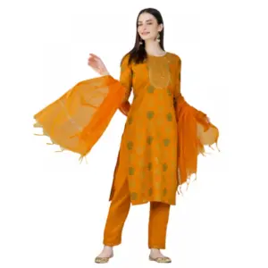 Women's Casual 3-4 th Sleeve Embroidery Cotton Kurti Pant Dupatta Set (Yellow)