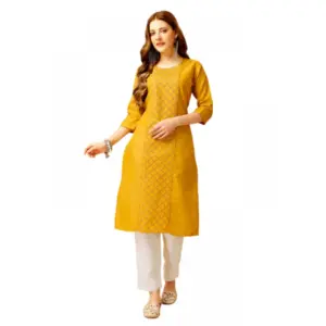 Women's Casual 3-4 th Sleeve Embroidery Cotton Kurti Pant Set (Yellow)