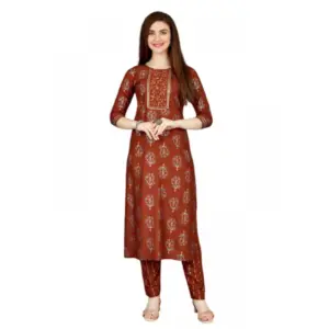 Women's Casual 3-4 th Sleeve Embroidery Rayon Kurti Pant Set (Brown)