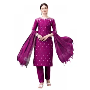 Women's Casual 3-4 th Sleeve Embroidery Cotton Kurti Pant Dupatta Set (Purple)