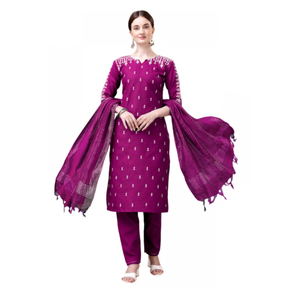 Women's Casual 3-4 th Sleeve Embroidery Cotton Kurti Pant Dupatta Set (Purple)