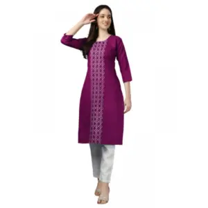 Women's Casual 3-4 th Sleeve Embroidery Cotton Kurti (Purple)
