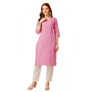 Women's Casual 3-4 th Sleeve Embroidery Cotton Kurti Pant Set (Pink)