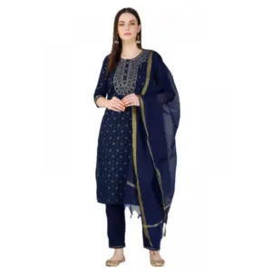 Women's Casual 3-4 th Sleeve Embroidery Cotton Kurti Pant Dupatta Set (Dark Blue)