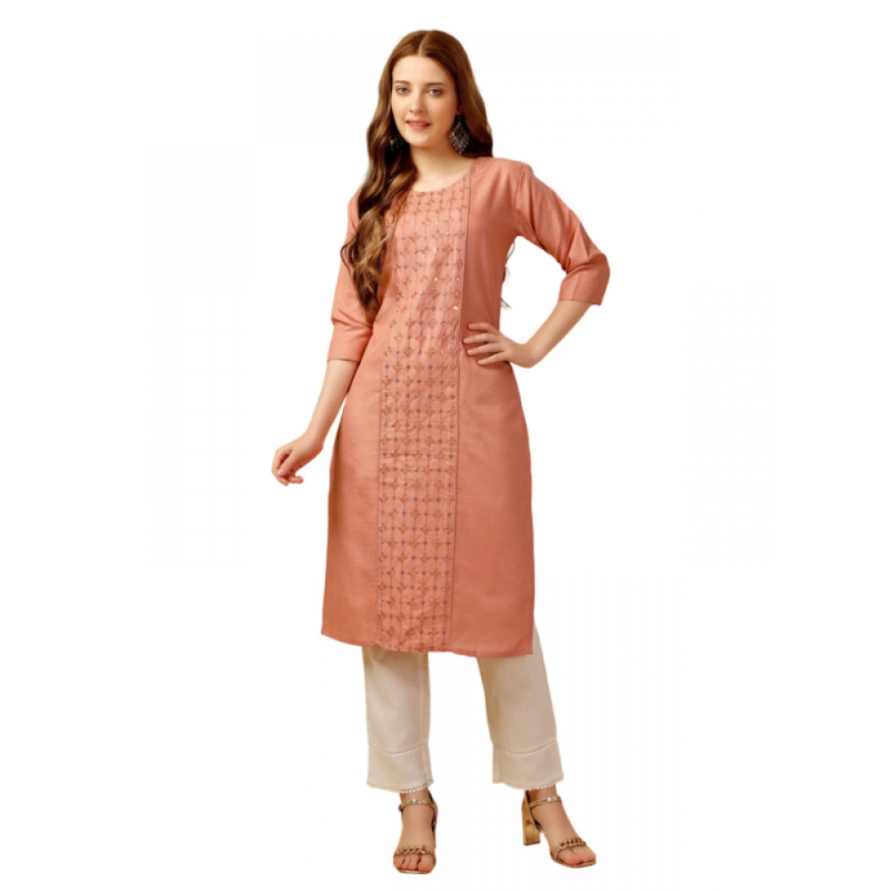 Women's Casual 3-4 th Sleeve Embroidery Cotton Kurti Pant Set (Orange)