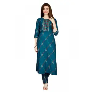Women's Casual 3-4 th Sleeve Embroidery Rayon Kurti Pant Set (Dark Blue)