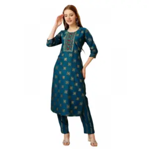 Women's Casual 3-4 th Sleeve Embroidery Rayon Kurti Pant Set (Blue)