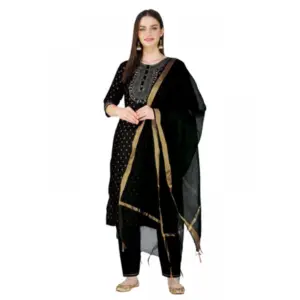 Women's Casual 3-4 th Sleeve Embroidery Cotton Kurti Pant Dupatta Set (Black)