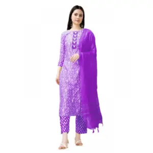 Women's Casual 3-4 th Sleeve Embroidery Rayon Kurti Pant Dupatta Set (Purple)