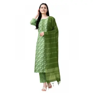 Women's Casual 3-4 th Sleeve Embroidery Rayon Kurti Pant Dupatta Set (Green)