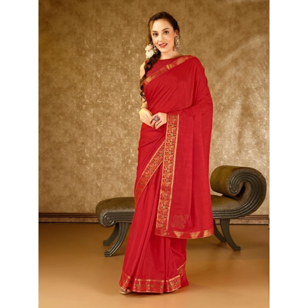 Women's Vichitra Swiroshki Butta Saree With Unstitched Blouse (Red, 5-6 Mtrs) - Image 3