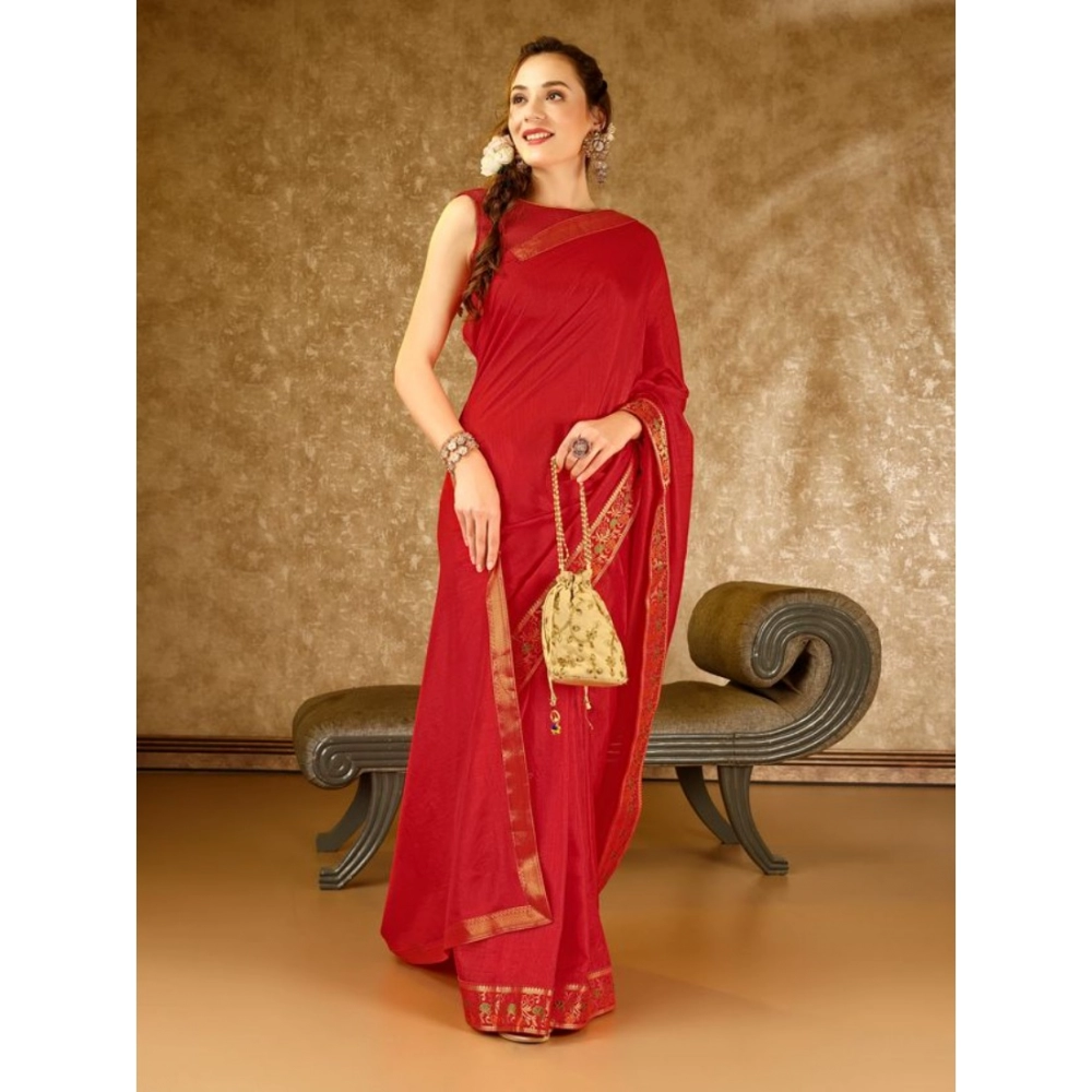 Women's Vichitra Swiroshki Butta Saree With Unstitched Blouse (Red, 5-6 Mtrs) - Image 8