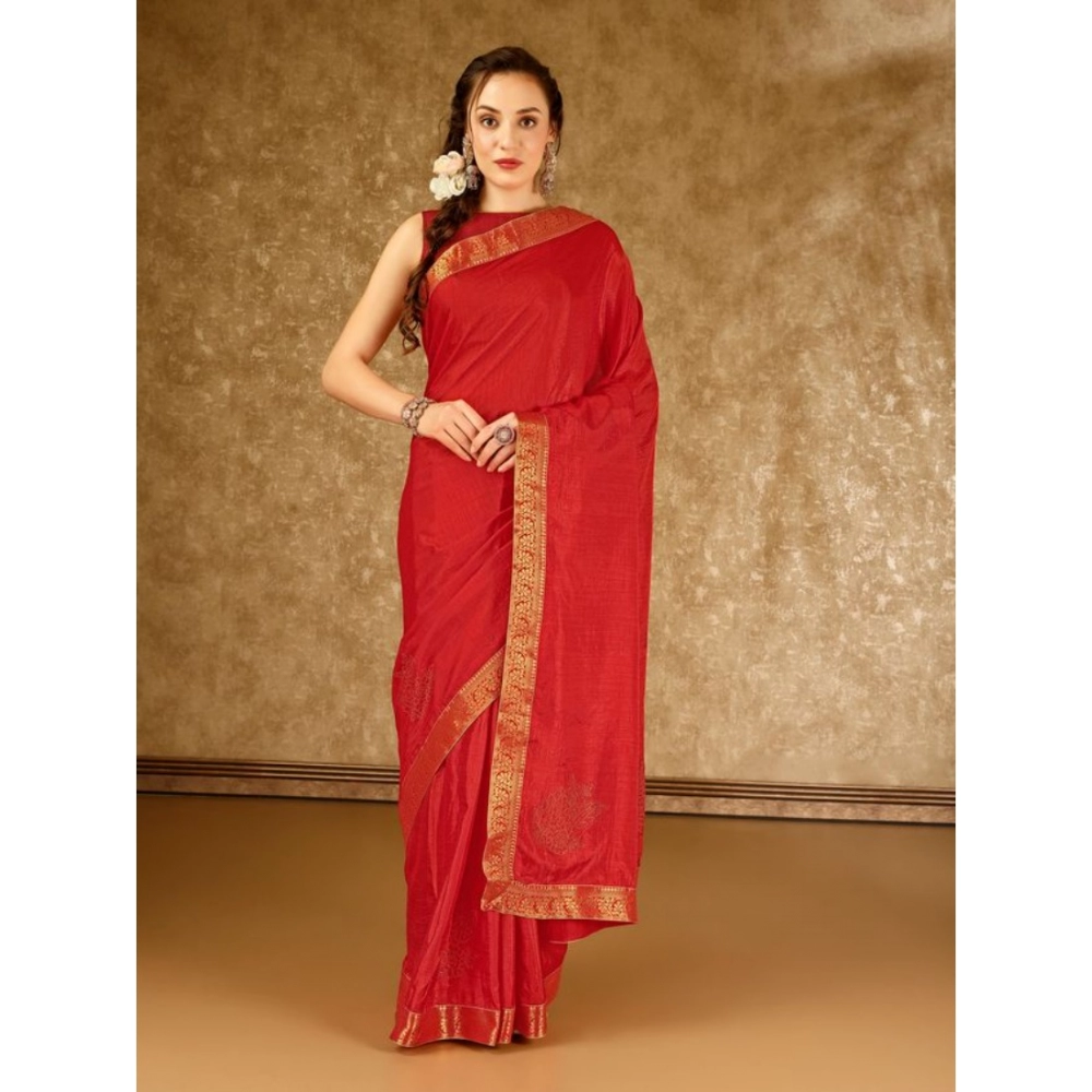 Women's Vichitra Swiroshki Butta Saree With Unstitched Blouse (Red, 5-6 Mtrs) - Image 3