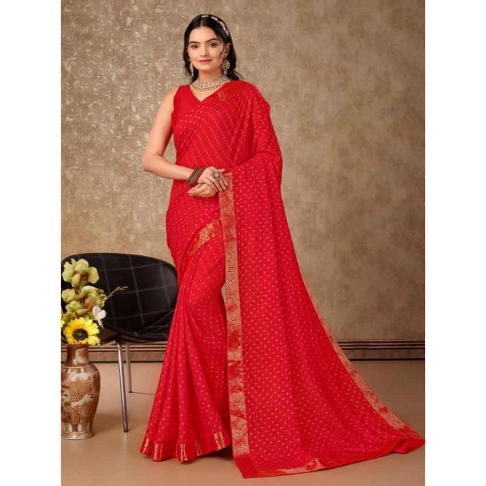 Women's Vichitra Bandhini Saree With Unstitched Blouse (Red, 5-6 Mtrs) - Image 8