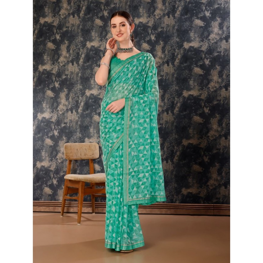 Women's Zomto Printed Saree With Unstitched Blouse (Turquies Green, 5-6 Mtrs) - Image 4