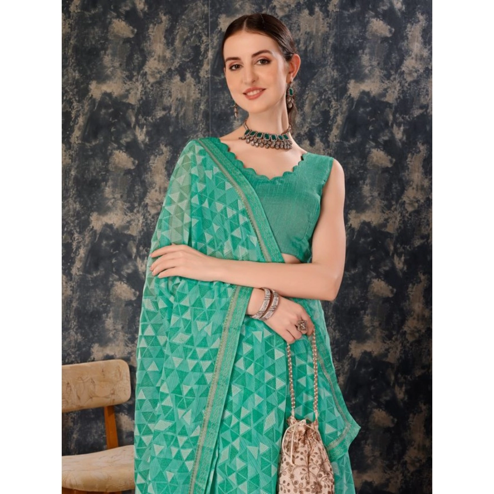 Women's Zomto Printed Saree With Unstitched Blouse (Turquies Green, 5-6 Mtrs) - Image 7