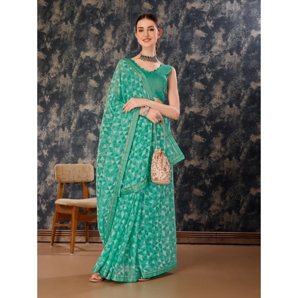 Women's Zomto Printed Saree With Unstitched Blouse (Turquies Green, 5-6 Mtrs) - Image 8