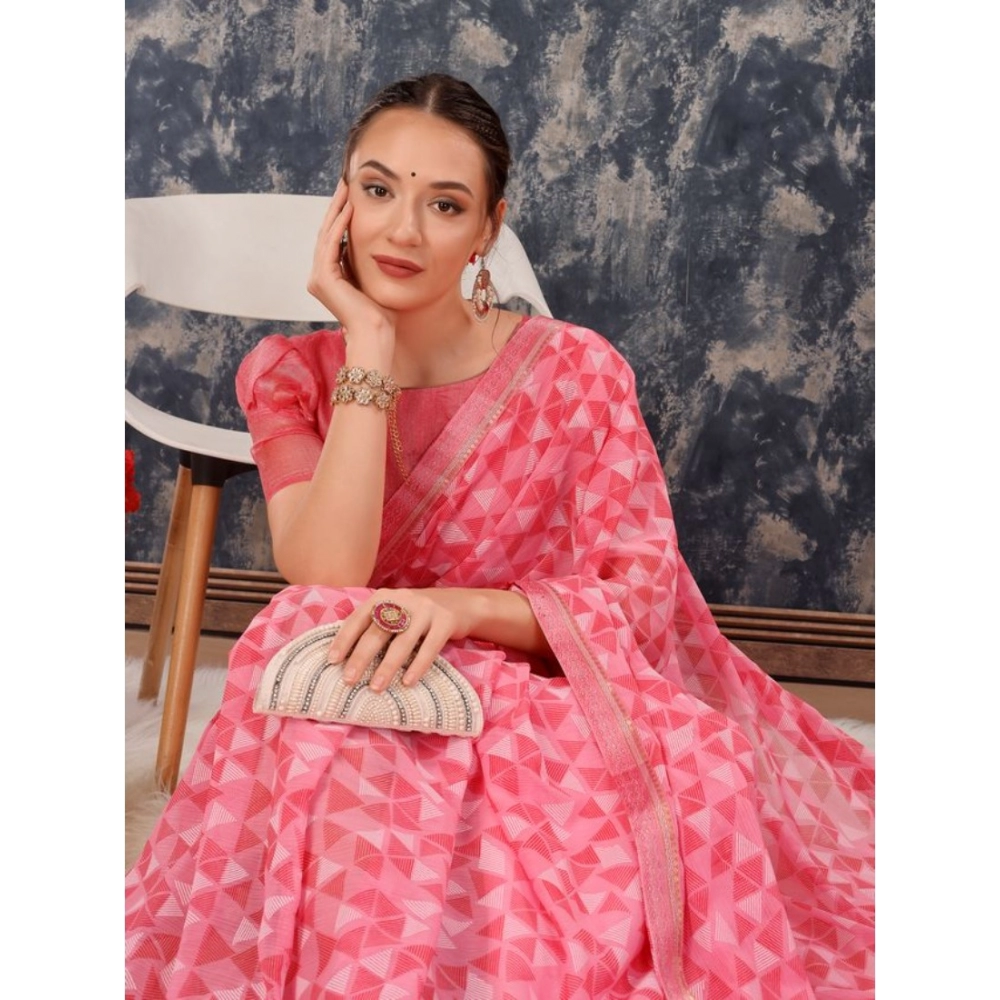 Women's Zomto Printed Saree With Unstitched Blouse (Pink, 5-6 Mtrs) - Image 7
