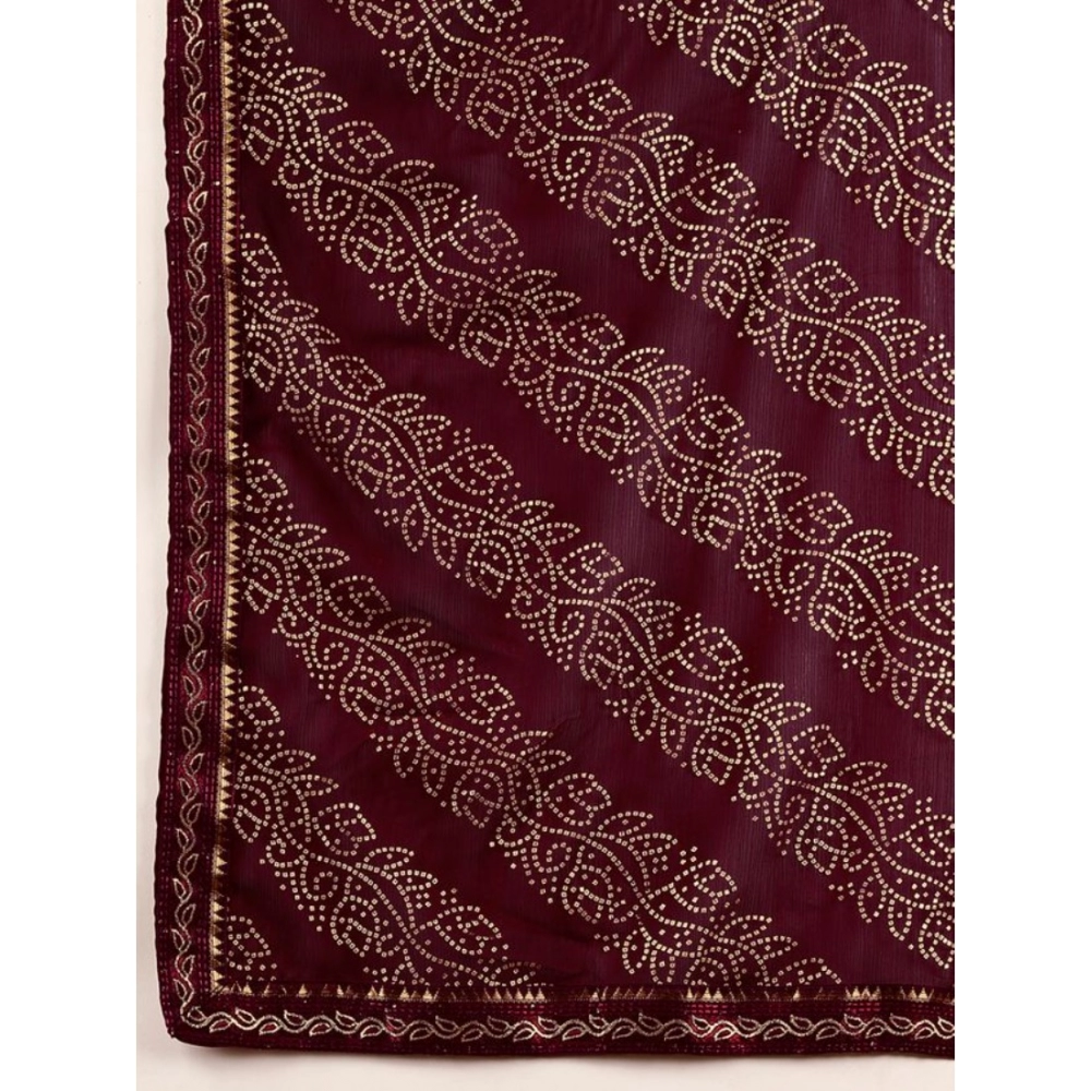 Women's Zomto Bandhini Saree With Unstitched Blouse (Wine, 5-6 Mtrs) - Image 3