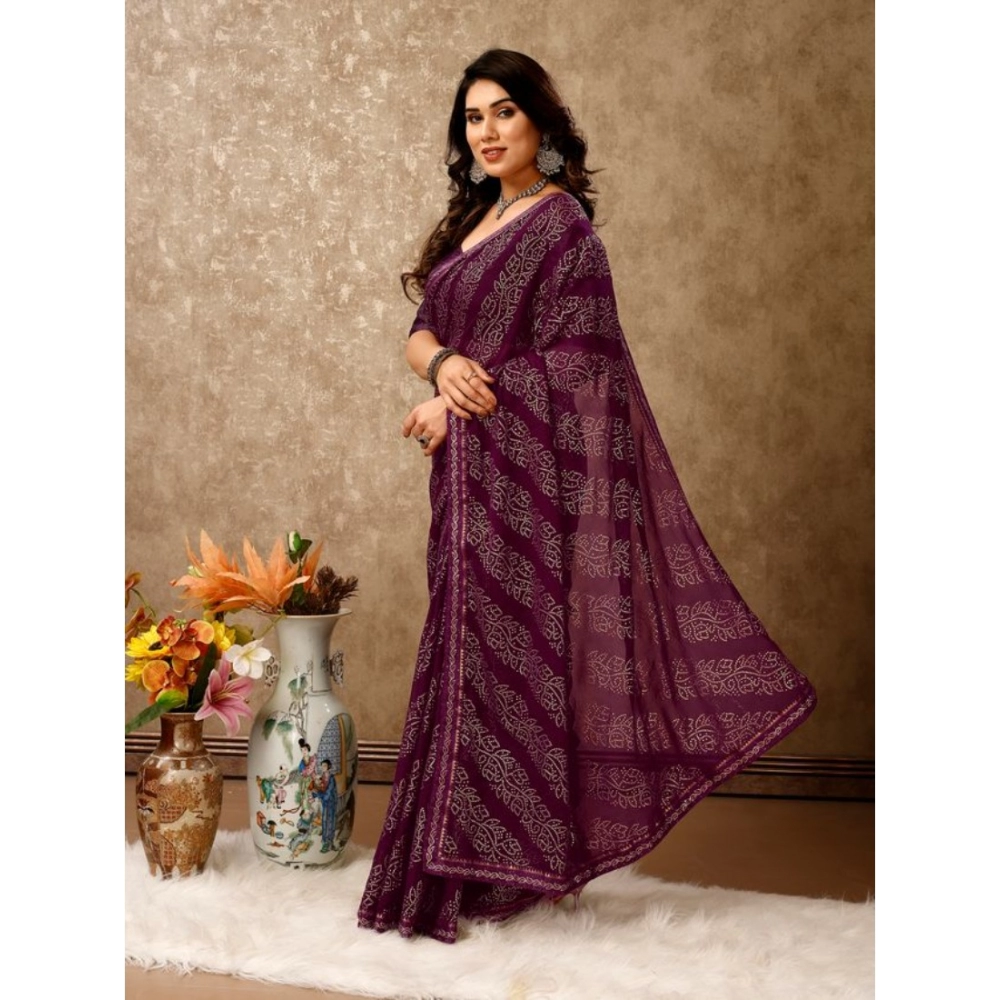 Women's Zomto Bandhini Saree With Unstitched Blouse (Wine, 5-6 Mtrs) - Image 7
