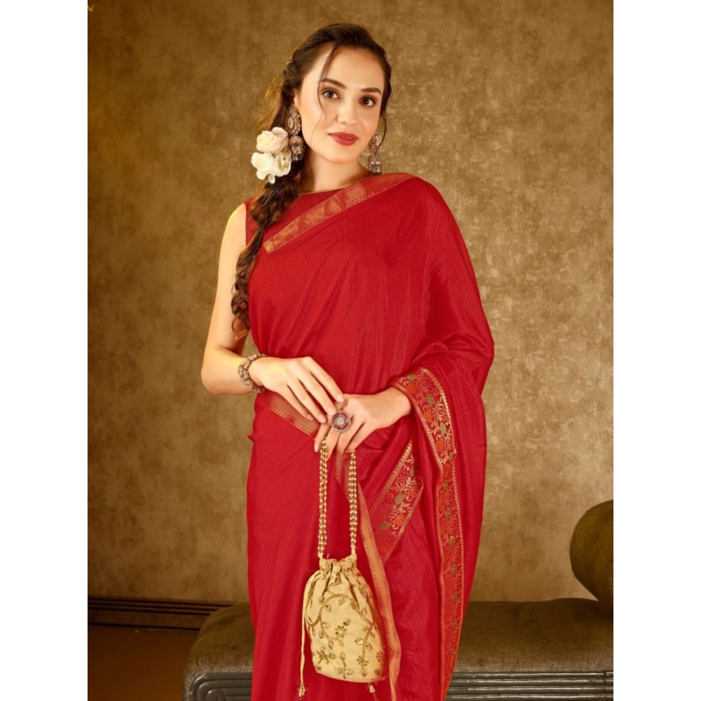 Women's Vichitra Swiroshki Butta Saree With Unstitched Blouse (Red, 5-6 Mtrs) - Image 7