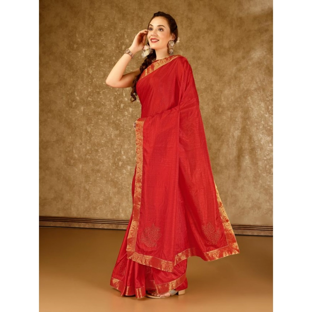 Women's Vichitra Swiroshki Butta Saree With Unstitched Blouse (Red, 5-6 Mtrs) - Image 2