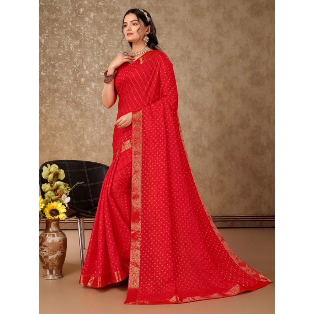 Women's Vichitra Bandhini Saree With Unstitched Blouse (Red, 5-6 Mtrs) - Image 7