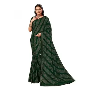 Women's Zomto Bandhini Saree With Unstitched Blouse (Green, 5-6 Mtrs)