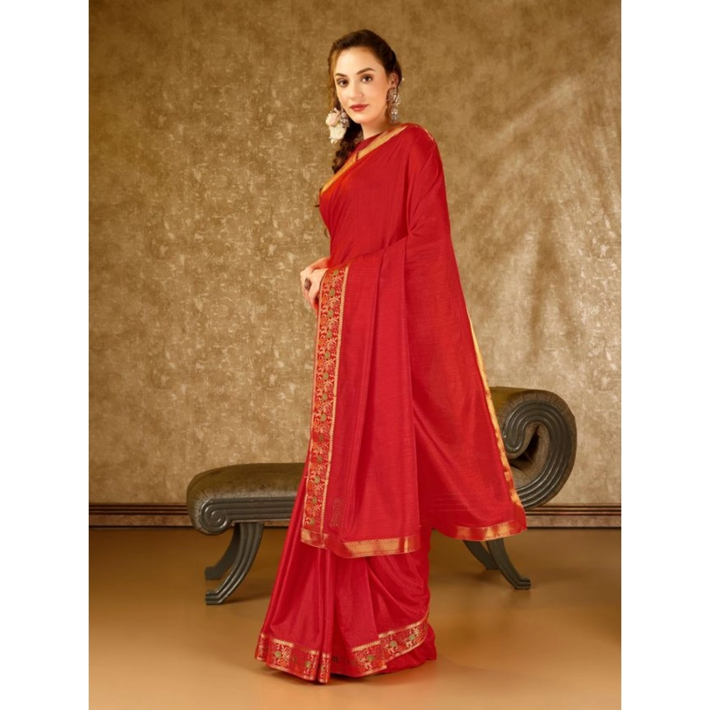 Women's Vichitra Swiroshki Butta Saree With Unstitched Blouse (Red, 5-6 Mtrs) - Image 2