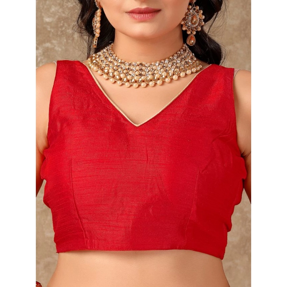 Women's Vichitra Bandhini Saree With Unstitched Blouse (Red, 5-6 Mtrs) - Image 2