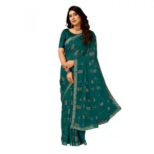 Women's Zomto Patta Chiffon Saree With Unstitched Blouse (Teal Blue, 5-6 Mtrs)