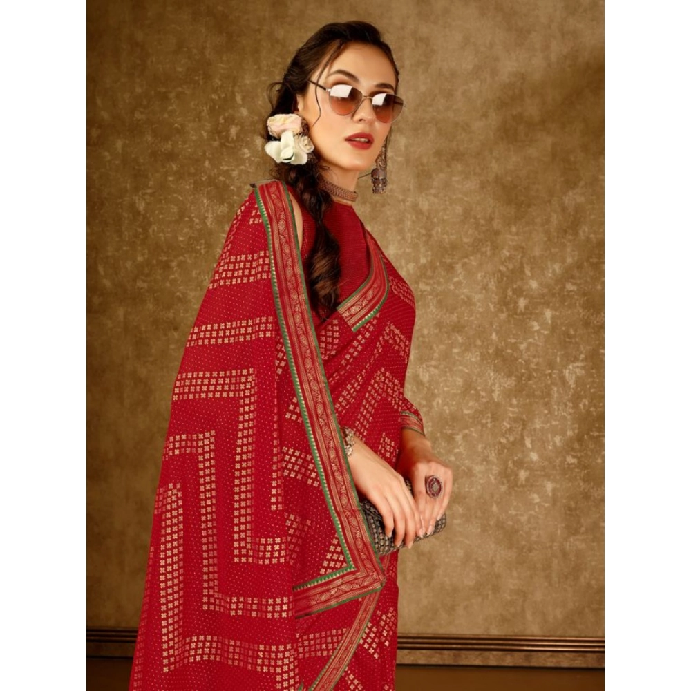 Women's Zomto Zig Zag Saree With Unstitched Blouse (Red, 5-6 Mtrs) - Image 7