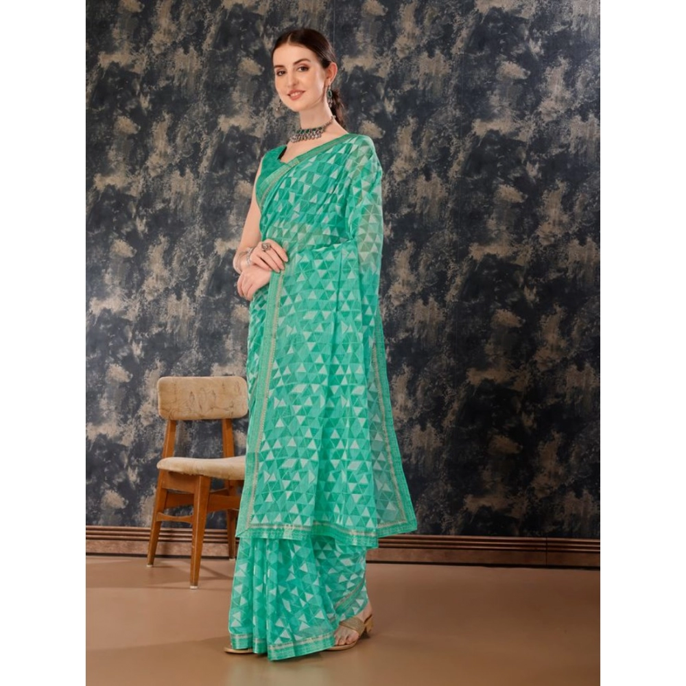 Women's Zomto Printed Saree With Unstitched Blouse (Turquies Green, 5-6 Mtrs) - Image 3