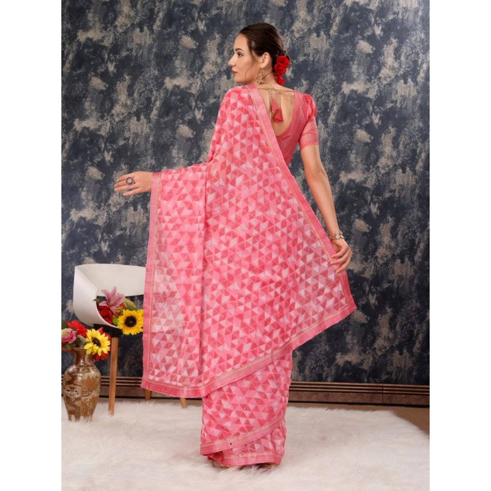 Women's Zomto Printed Saree With Unstitched Blouse (Pink, 5-6 Mtrs) - Image 6