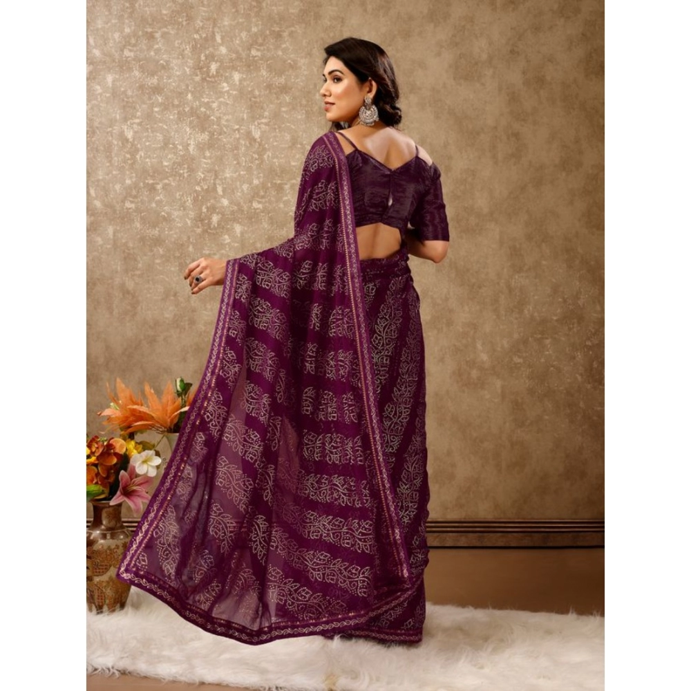 Women's Zomto Bandhini Saree With Unstitched Blouse (Wine, 5-6 Mtrs) - Image 4