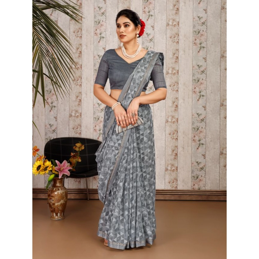 Women's Zomto Printed Saree With Unstitched Blouse (Grey, 5-6 Mtrs) - Image 6