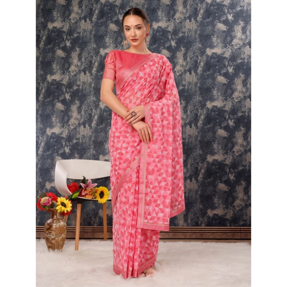 Women's Zomto Printed Saree With Unstitched Blouse (Pink, 5-6 Mtrs) - Image 4