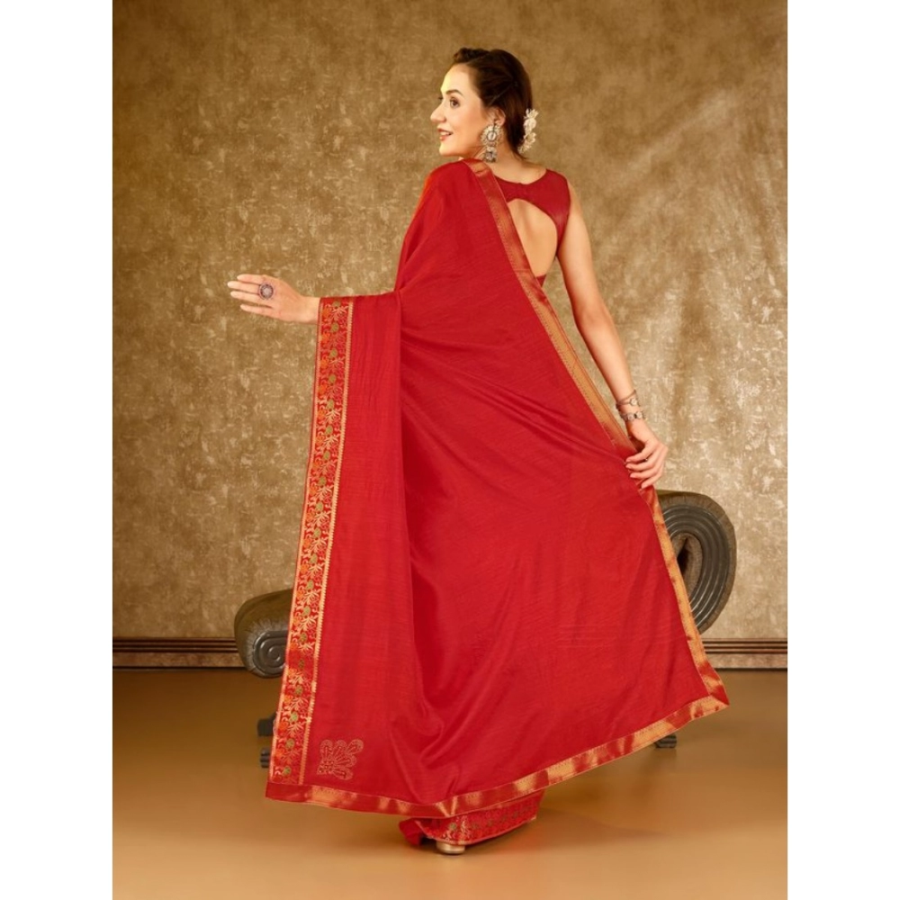 Women's Vichitra Swiroshki Butta Saree With Unstitched Blouse (Red, 5-6 Mtrs) - Image 6