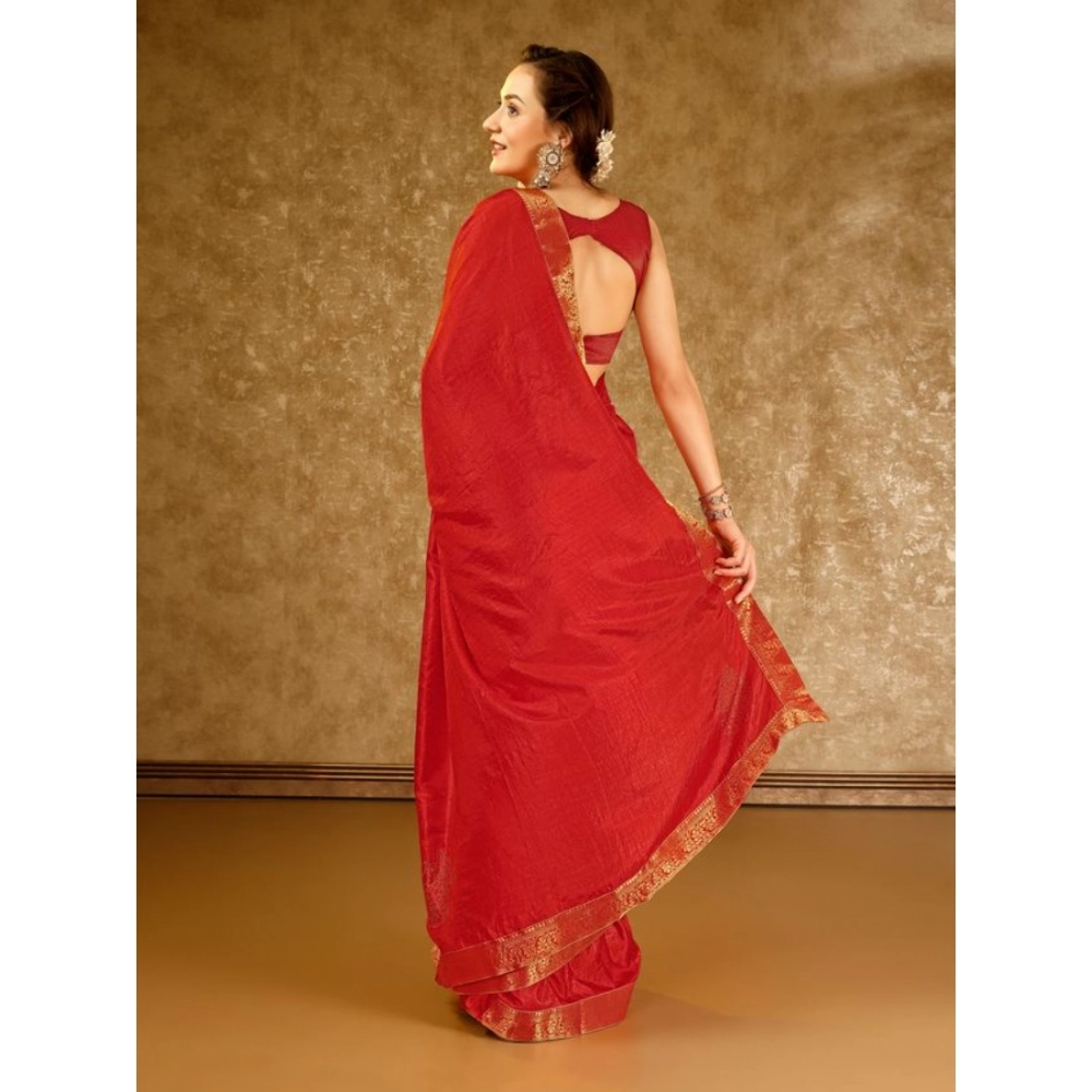 Women's Vichitra Swiroshki Butta Saree With Unstitched Blouse (Red, 5-6 Mtrs) - Image 6