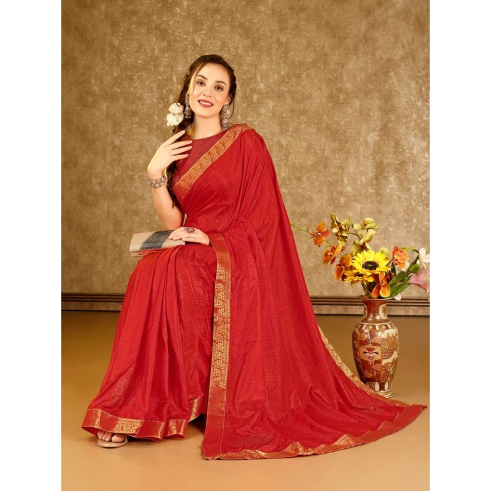 Women's Vichitra Swiroshki Butta Saree With Unstitched Blouse (Red, 5-6 Mtrs) - Image 8