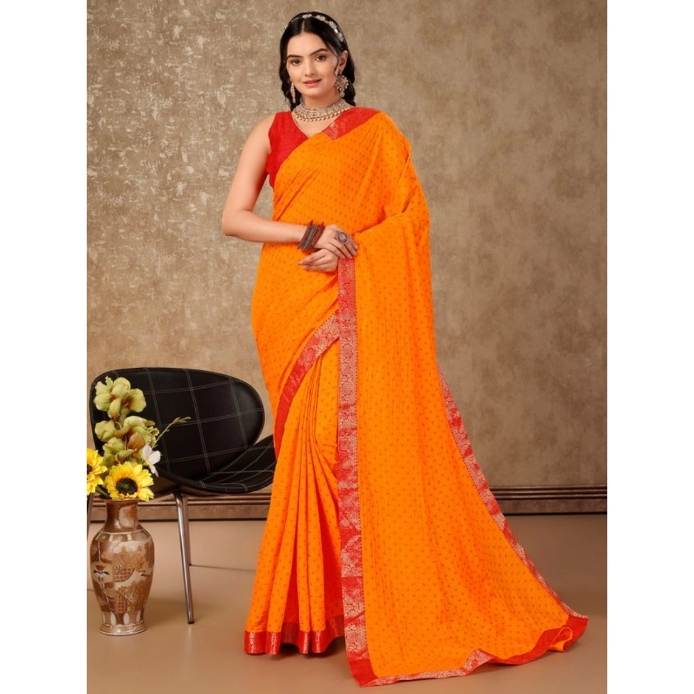 Women's Vichitra Bandhini Saree With Unstitched Blouse (Yellow, 5-6 Mtrs) - Image 8