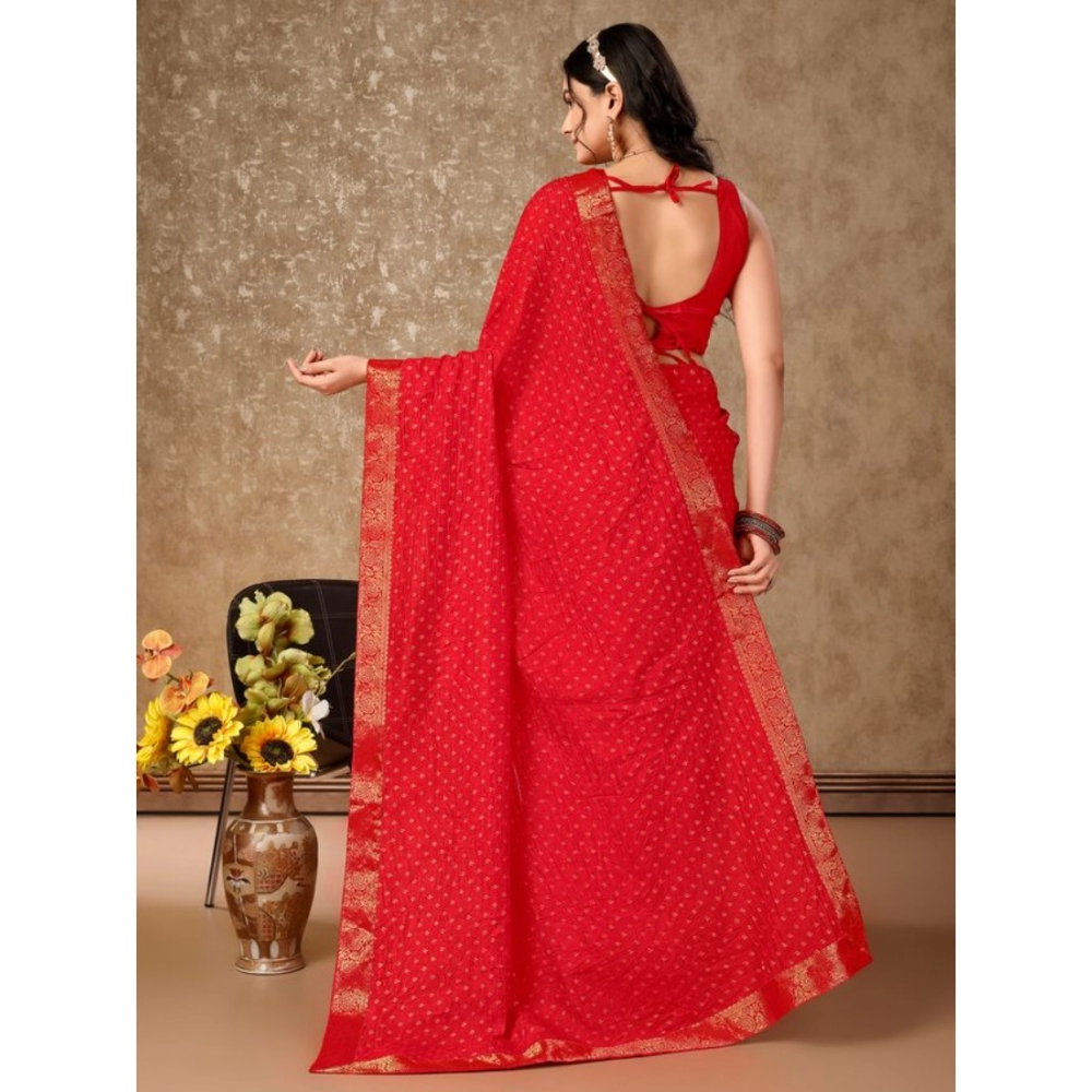 Women's Vichitra Bandhini Saree With Unstitched Blouse (Red, 5-6 Mtrs) - Image 4