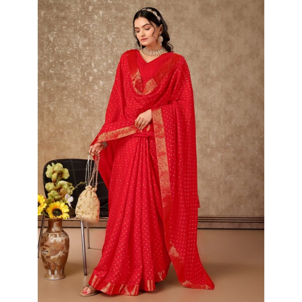 Women's Vichitra Bandhini Saree With Unstitched Blouse (Red, 5-6 Mtrs) - Image 6