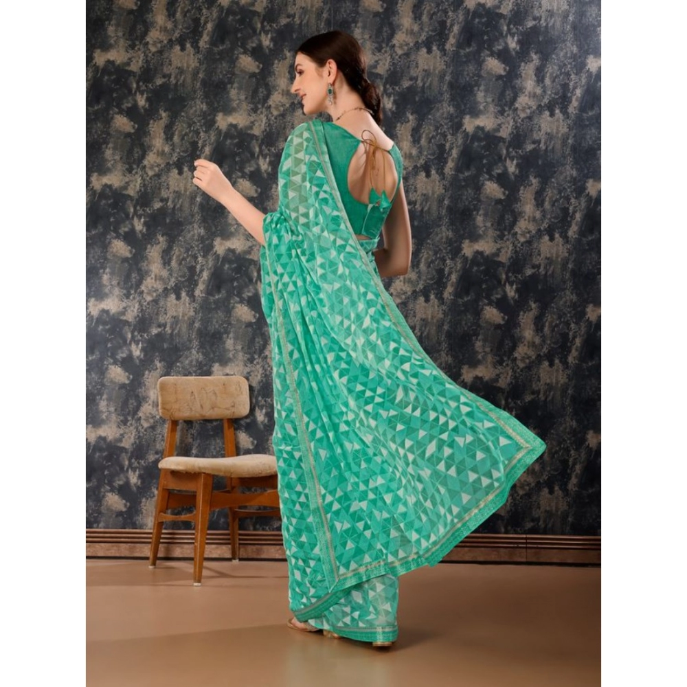 Women's Zomto Printed Saree With Unstitched Blouse (Turquies Green, 5-6 Mtrs) - Image 6