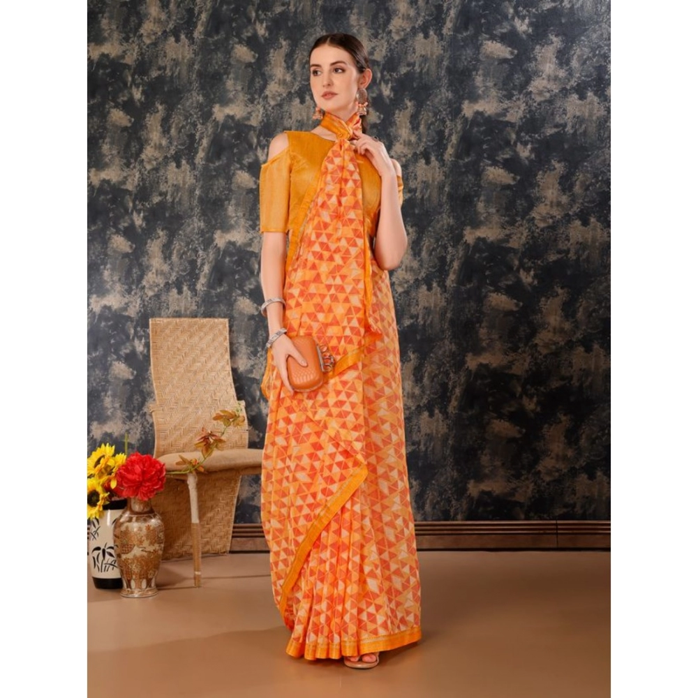 Women's Zomto Printed Saree With Unstitched Blouse (Light Orange, 5-6 Mtrs) - Image 6
