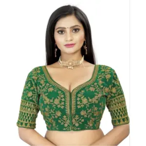Women's?Velvet Embroidery Readymade Blouse (Green, Size: Free Size)